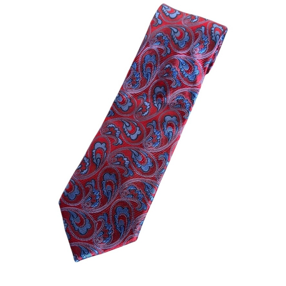 JOS A BANK RED PAISLEY‎ 100% SILK NECK TIE HAND MADE ONE SIZE